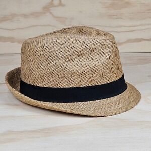 Forever 21 Tan Paper Straw Fedora Hat Black Ribbon Band One Size 57cm